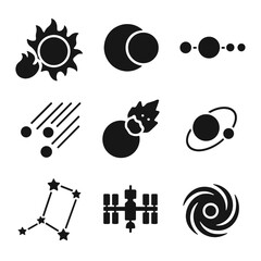 Space Phenomena Icons. Solid, filled icon set of space phenomena: solar flare, eclipse, planet alignment, meteor shower, asteroid