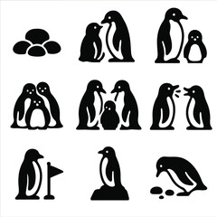 Fototapeta premium Penguin Life Icons. Solid, filled icon set of penguin colony life: nest with stones, chick feeding, adult guarding, group huddle,
