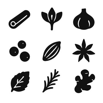 Spice Icon Grid. Solid, filled icon set of spices and flavorings: cinnamon stick, saffron flower, garlic bulb, peppercorn, cumin