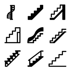 Staircase Icon Set. Solid, filled icon set of staircase styles: spiral, straight, L-shaped, U-shaped, curved, floating, modular,