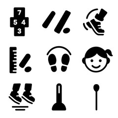 Playground Hopscotch Icons. Solid, filled icon set of playground hopscotch: colorful tiles, sidewalk chalk, playful feet, jump arc