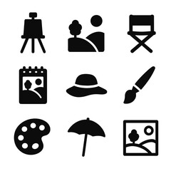 Plein Air Icon Set. Solid, filled icon set of plein air painting: field easel, landscape view, folding chair, sketch pad, sun hat,