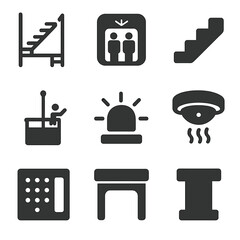 Naklejka na ściany i meble Vertical Infrastructure Icons. Solid, filled icon set of vertical infrastructure: fire escape, elevator car, stairwell, window