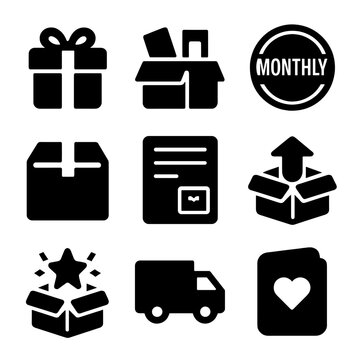 Subscription Box Icons. Solid, filled icon set of subscription boxes: gift box, product sample, monthly label, sealed package,