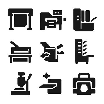 Printing Equipment Icons. Solid, filled icon set of print shop equipment: large format printer, digital printer, offset press,