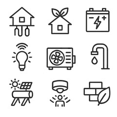 Sustainable Home Icons. Solid, filled icon set of sustainable home technologies: geothermal heating, green roof, energy storage