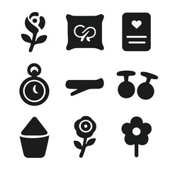 Wedding Accessories Icons. Solid, filled icon set of wedding day accessories: boutonniere, ring pillow, wedding invitation, pocket