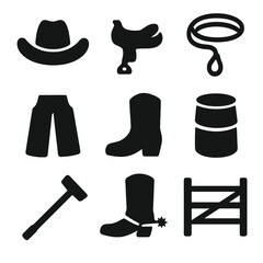 Western Riding Icons. Solid, filled icon set of western riding icons: cowboy hat, saddle horn, lasso, chaps, western boot, rodeo