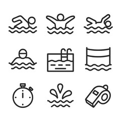 Swimming Event Icons. Solid, filled icon set of competitive swimming events: freestyle swimmer, butterfly stroke, backstroke