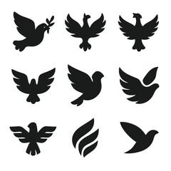 Fototapeta premium Symbolic Bird Icons. Solid, filled icon set of symbolic birds in flight: dove of peace, phoenix rise, mythical bird, freedom wing,