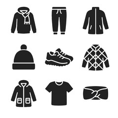 Winter Wear Icons. Solid, filled icon set of casual winter wear: hoodie with scarf, fleece joggers, zip-up coat, snow beanie,