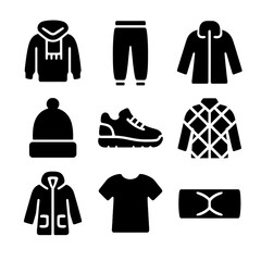Winter Wear Icons. Solid, filled icon set of casual winter wear: hoodie with scarf, fleece joggers, zip-up coat, snow beanie,