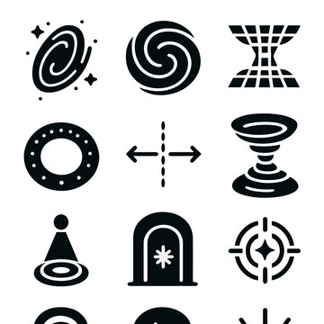 Wormhole Travel Icons. Solid, filled icon set of wormhole travel: galactic tunnel, spiral hole, bending grid, gravity ring, portal
