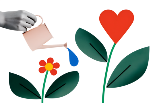 A hand waters a growing like tree from a watering can. Modern collage style. Illustration on transparent background