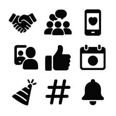 Zumba Community Icons. Solid, filled icon set of Zumba community and social: handshake, group chat, social media, selfie, thumbs
