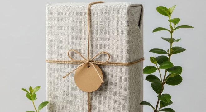 A linenwrapped gift box is decorated with string and green leaves