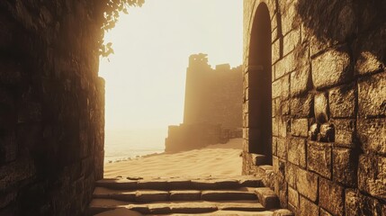 Sunlit Archway with Ancient Stone Walls and Beach View