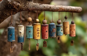 Colorful hanging bells swaying gently in the breeze