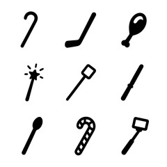 Types of Sticks Icons. Solid, filled icon set of types of sticks: walking stick, hockey stick, drumstick, magic wand, marshmallow