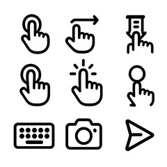 User Interaction Icons. Solid, filled icon set of user interaction: tap gesture, swipe gesture, scroll, double tap, hold, drag,