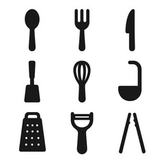Obraz premium Utensil Icon Grid. Solid, filled icon set of cooking utensils: spoon, fork, knife, spatula, whisk, ladle, grater, peeler, tongs.