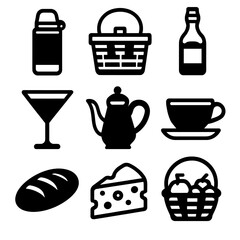 Vintage Travel Icon Set. Solid, filled icon set of vintage travel food and drink: thermos flask, picnic basket, vintage wine