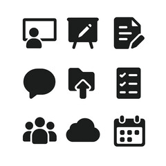 Virtual Collaboration Icons. Solid, filled icon set of virtual collaboration tools: shared screen, whiteboard, document edit, chat