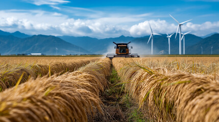 Fototapeta premium Combine harvester working in golden rice field with wind turbines and mountains in the background