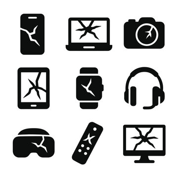 Shattered Tech Icons. Solid, filled icon set of shattered technology: broken smartphone, cracked laptop screen, smashed camera