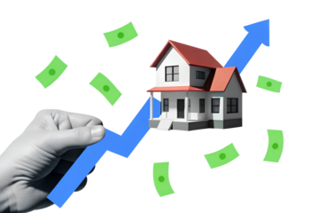 Black and white hand holding a little house. Modern collage style. Illustration on transparent background