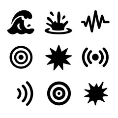 Obraz premium Sound and Pet Icons. Solid, filled icon set of splash sound and energy: wave crash icon, water thud, splash waveform, sound ripple