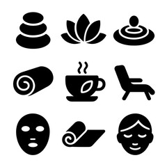 Fototapeta na wymiar Spa Wellness Icons. Solid, filled icon set of spa and wellness: massage stones, lotus flower, zen garden, towel roll, herbal tea