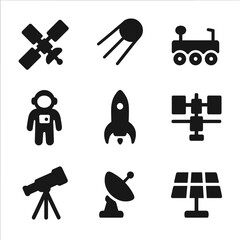 Obraz premium Space Technology Icons. Solid, filled icon set of space technology: satellite, space probe, rover, astronaut, rocket, space