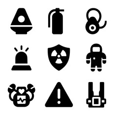 Spaceship Safety Icons. Solid, filled icon set of spaceship safety features: escape pod, fire extinguisher, oxygen mask, emergency