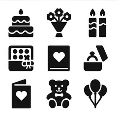 Special Occasion Icons. Solid, filled icon set of special occasion gifts: anniversary cake, flowers, candles, chocolates, photo