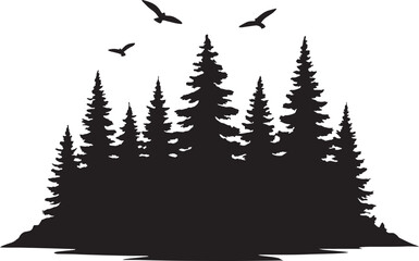Fototapeta premium Forest Silhouette Vector, Pine Trees with Flying Birds for Nature, Wilderness, and Outdoor Themes