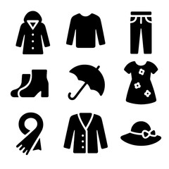 Spring Wardrobe Icons. Solid, filled icon set of spring wardrobe items: raincoat, light sweater, jeans, ankle boots, umbrella,