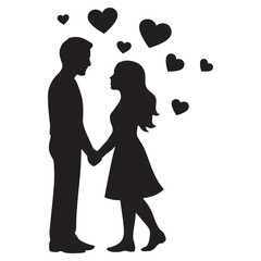 Romantic Couple Silhouette Holding Hands with Floating Hearts, Love Vector Illustration