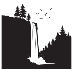 Waterfall Cliff Silhouette with Pine Trees and Birds in Forest Vector