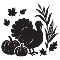 Thanksgiving Turkey Silhouette with Pumpkins, Corn, and Autumn Leaves, Fall Harvest Vector Design
