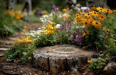 Colorful flowers growing around a tree stump with a carved compass rose design