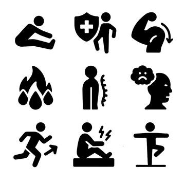 Stretching Benefits Icons. Solid, filled icon set of stretching benefits: improved flexibility, injury prevention, muscle