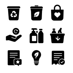 Sustainable Action Icons. Solid, filled icon set of customer actions for sustainability: recycling bin, compost bin, reusable bag,