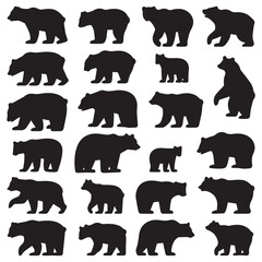 Collection of black bear silhouettes in various poses on a white background