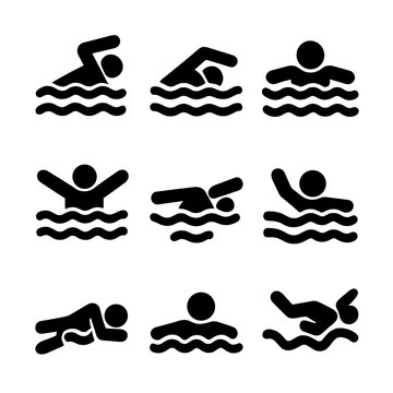 Swimming Stroke Icons. Solid, filled icon set of swimming strokes: freestyle, backstroke, breaststroke, butterfly, sidestroke,
