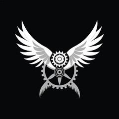 Mechanical gear wings vector, steampunk clock parts design, futuristic machinery wings illustration, detailed mechanical wings artwork
