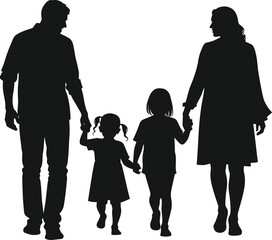 Family silhouette grandparents walking granddaughters