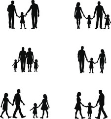 Happy families silhouettes holding hands walking
