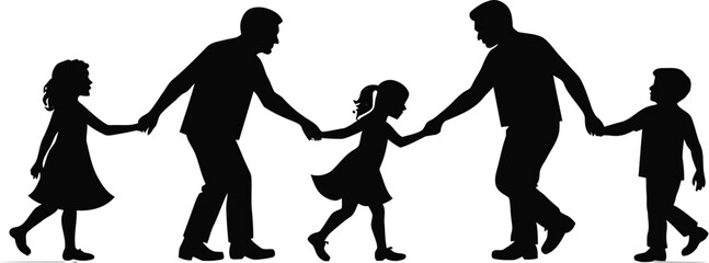 Happy grandparents walking hand in hand with grandchildren silhouette