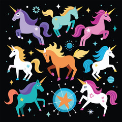 Zodiac unicorns set, astrology signs represented by colorful magical unicorns, celestial horoscope vector art for mystical designs